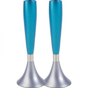 Yair Emanuel Anodized Aluminum Shabbat Candlesticks Turquoise White