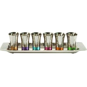 Yair Emmanuel Kiddush cups set and plate Hammered multicolor