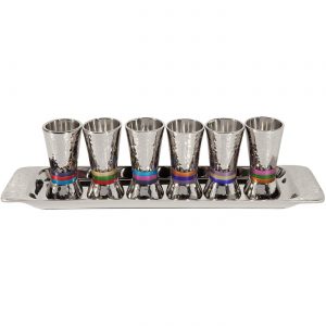 Yair Emanuel Textured Nickel Set of 6 Small Kiddush Cups with Tray - Rainbow