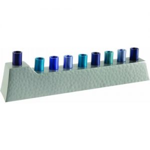 Yair Emanuel Hanukkah Menorah - Hammer Work + Branches - Blue