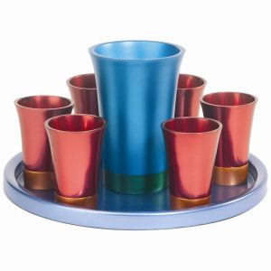 Yair Emanuel Kiddush Set - Cup + Plate + 6 cups - Anodize- Blue +Maroon +Turquoise