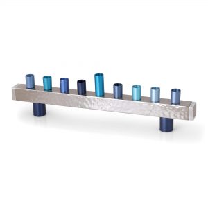 Yair Emanuel Hanukkah Menorah - Strip + Hammer Work - Blue