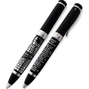 Elegant Black Pen Inscribed with Silver "Traveler's Prayer" with "Jerusalem" design 13.5 cm- English