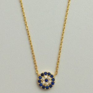 Sterling Silver and Gold Plated Circle Small Clear and Blue Evil Eye Necklace