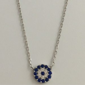 Sterling Silver Circle Small Clear and Blue Evil Eye Necklace