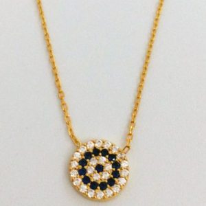 Sterling Silver and Gold Plated Circle medium Clear and Blue Evil Eye Necklace