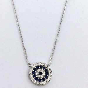 Sterling Silver Circle medium Clear and Blue Evil Eye Necklace