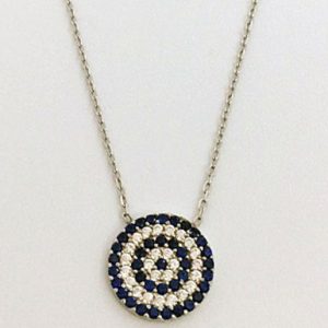 Sterling Silver Circle Clear and Blue Evil Eye Necklace