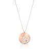 Metal round floral cut out design with cubic zirconia crystal pendant on 18 inch chain necklace in RoseGold/Crystal CZ