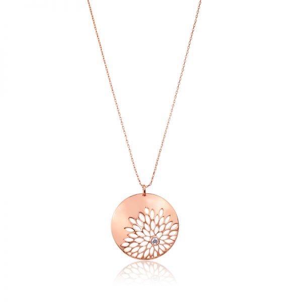 Metal round floral cut out design with cubic zirconia crystal pendant on 18 inch chain necklace in RoseGold/Crystal CZ