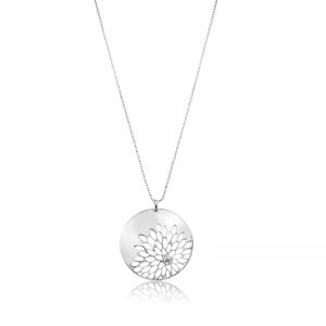 Metal round floral cut out design with cubic zirconia crystal pendant on 18 inch chain necklace in Silver/Crystal CZ