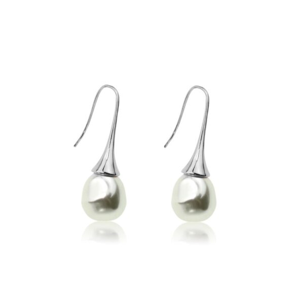 Silver and Cream metal polished cone top with baroque glass pearl drop earrings