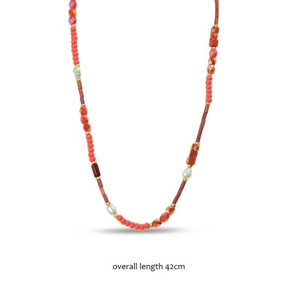 Gold and Coral Beaded fresh water pearls and natural stones necklace