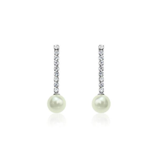 Cubic zirconia crystals with 12mm round glass pearl drop pierced earrings in Rhodium/Crystal/Cream