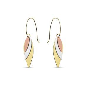 Metal 3 pce graduated leaf design drop pierced fish wire earrings in 3 tone Matt Rose Gold/Matt Silver/Matt Gold