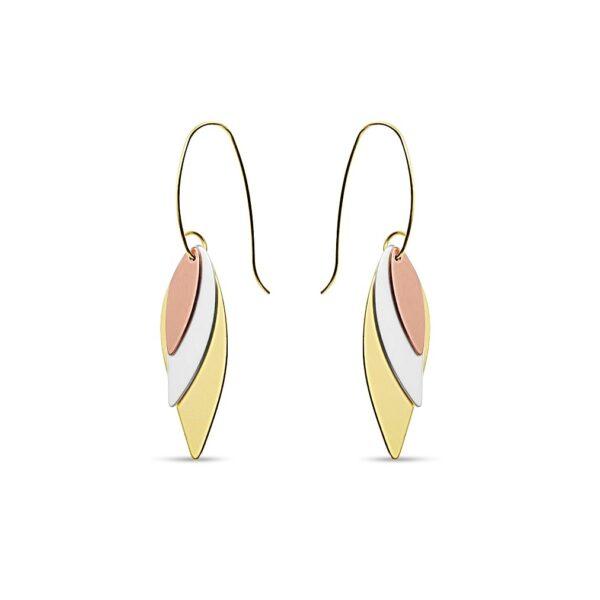 Metal 3 pce graduated leaf design drop pierced fish wire earrings in 3 tone Matt Rose Gold/Matt Silver/Matt Gold