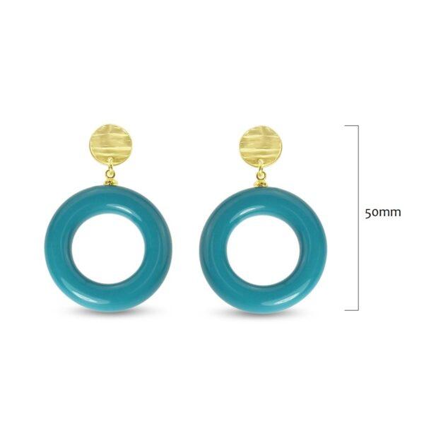 Acrylic open circle drop on metal textured top pierced earrings in Matt Gold/Turquoise