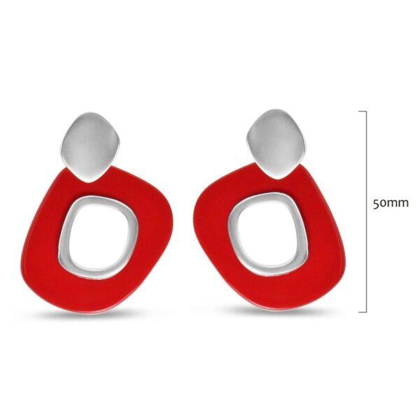 Acrylic with metal trim and top pierced drop earrings in Matt Silver/Red