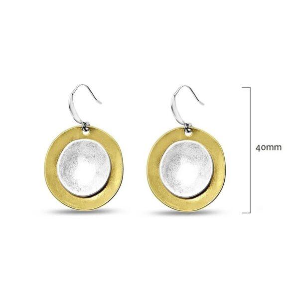 Metal double disc layered drop pierced hook earrings in 2 tone Worn Gold/Worn Silver