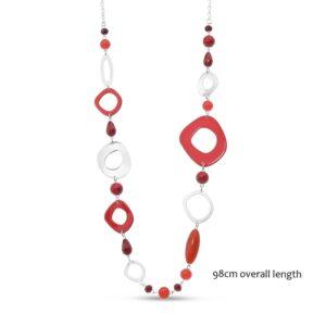 Acrylic and metal sections 98cm linked necklace in Matt Silver/Red