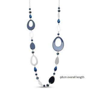 Acrylic and metal sections 98cm linked necklace in Matt Silver/Navy