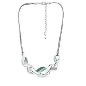 Metal with enamel braided design on 2 rows grey leather cord 16 inch necklace in Silver/Aqua Blue Enamel