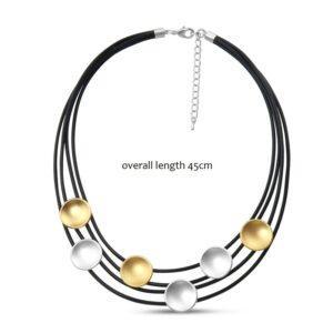 Metal discs on 4 rows graduated leather cord 18 inch necklace in Black/2 tone Matt Gold/Matt Silver